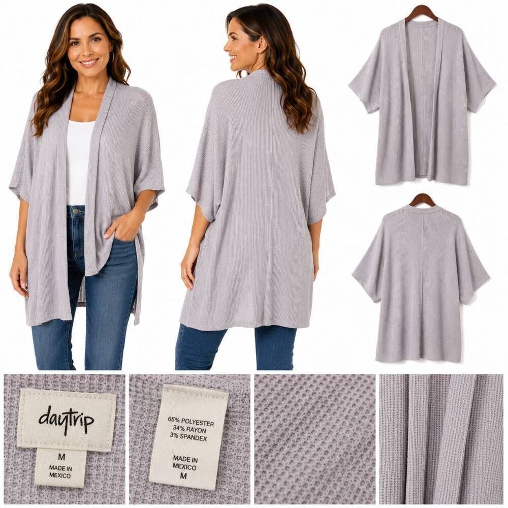 Daytrip Women’s Waffle Knit Long Kimono Cardigan Size M Lavender Open Front
